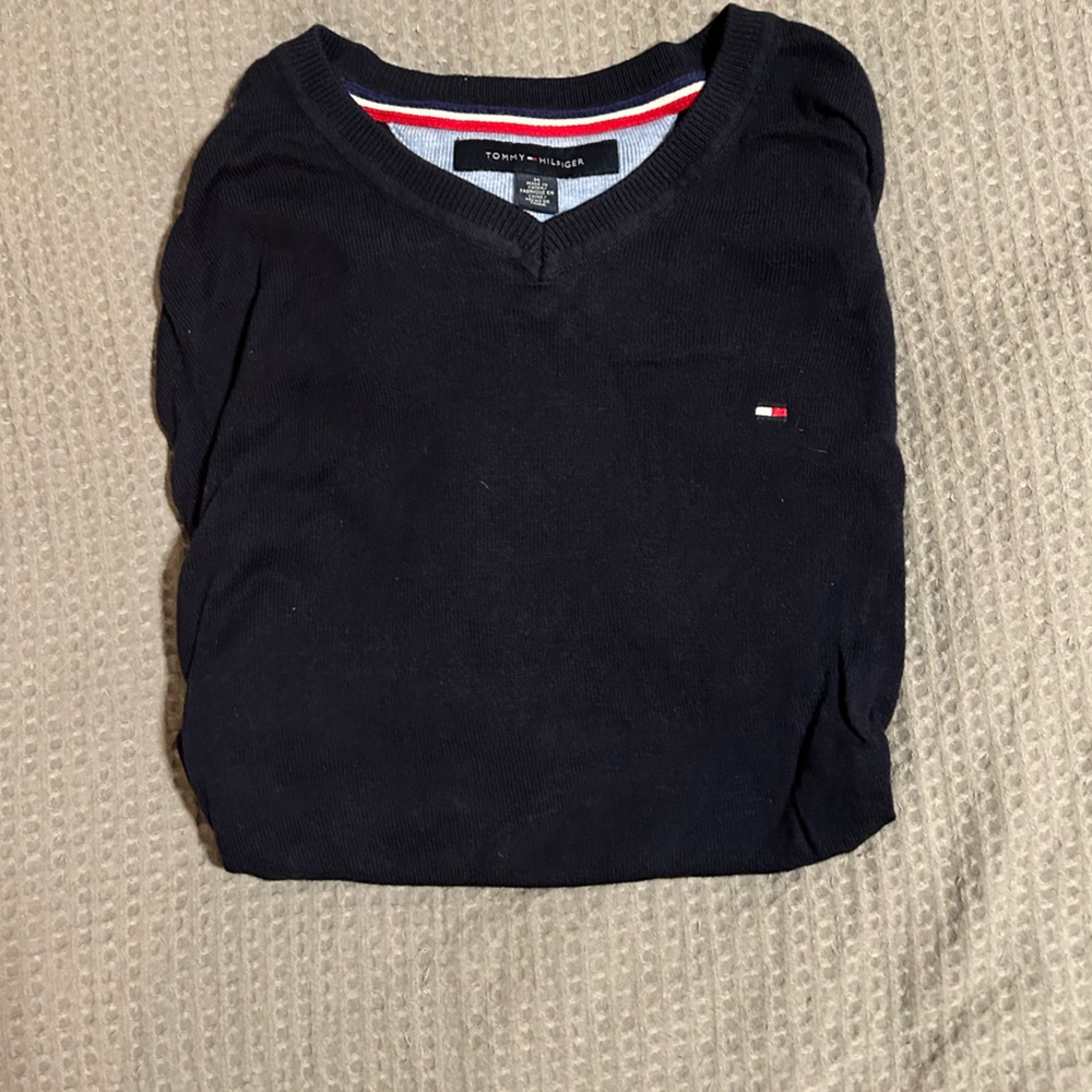 Tommy Hilfiger Navy V-Neck Sweater with Red and White Accents